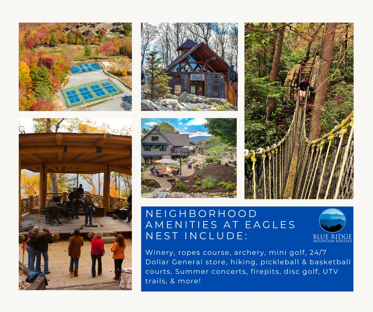 This image captures the vibrant outdoor atmosphere at Eagles Nest, with a lively concert stage, luxurious lodge backdrop, hiking bridge, and recreational courts visible. The scene is bustling with activities such as live music events, sports, and outdoor adventures, embodying the communal and adventurous spirit of the area.