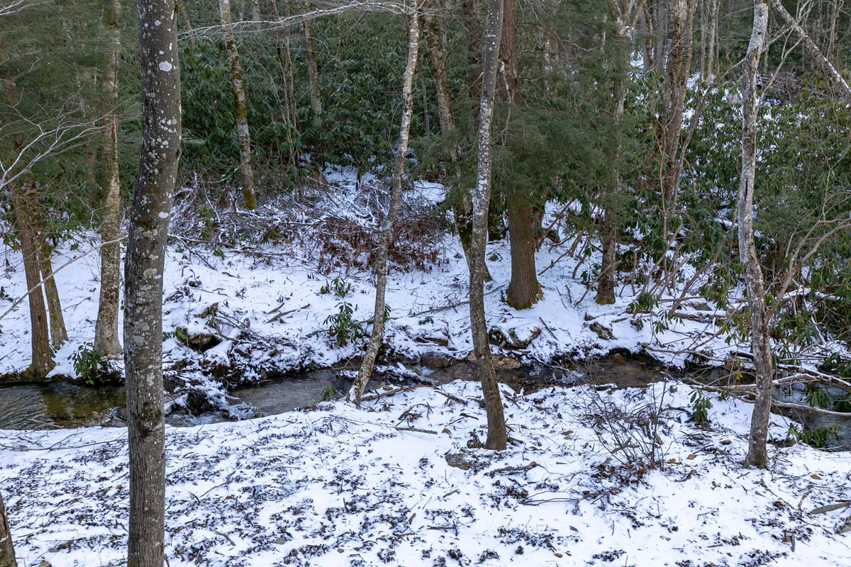 A scenic exterior view of the property surrounded by snow-covered ground, a flowing stream, and wooded landscape. The image evokes a sense of tranquility and adventure in a natural winter setting.